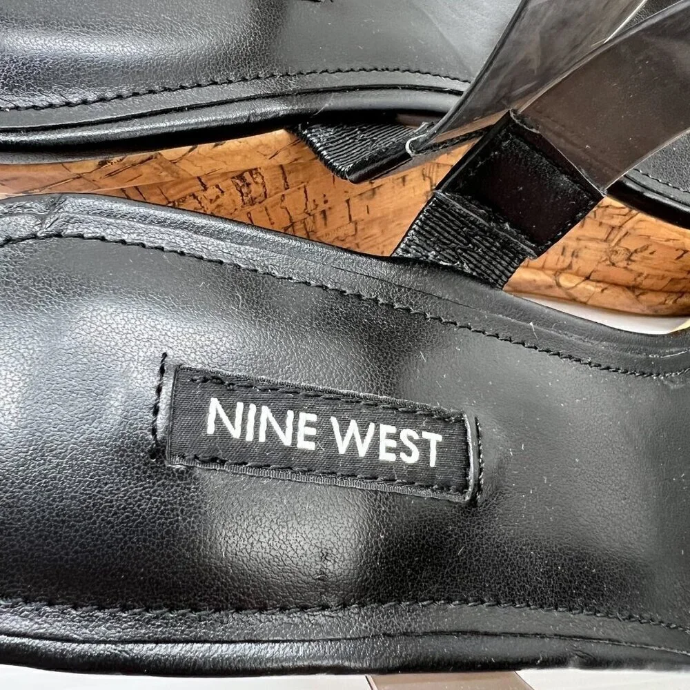 Nine West Rapps Platform Wedge Sandals Size 9.5 Black Tan Square Open Toe